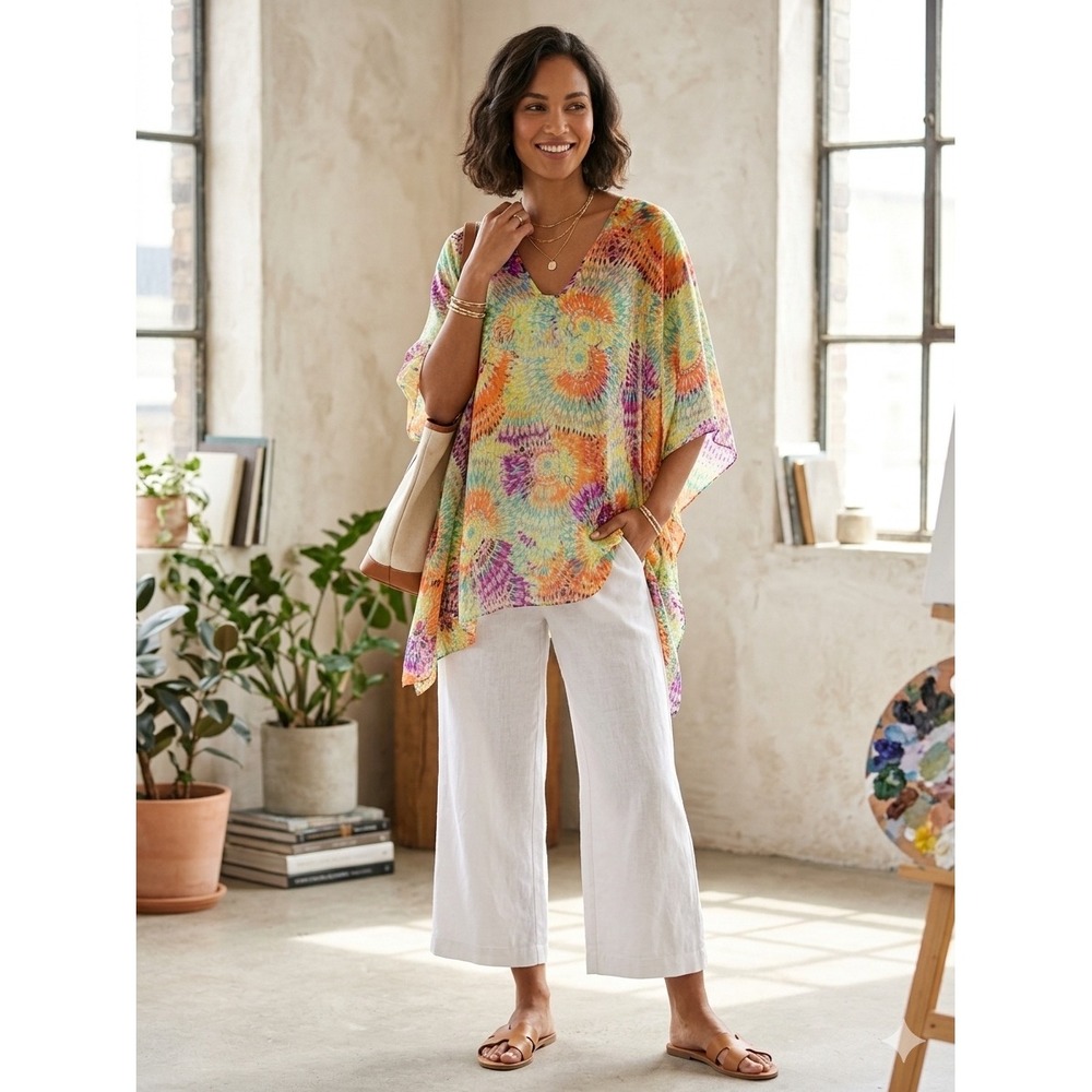 Cejon Women‎ Multi-Color Kaleidoscope Sunburst Poncho V-Neck Chiffon Top OSFM